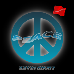 Black background with blue peace symbol and red freedom flag